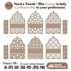 May include: A digital design file for laser cutting, featuring six decorative arch shapes with intricate geometric patterns. The design is customizable and includes file formats such as AI, EPS, DXF, SVG, PDF, JPEG, and PNG. The text reads "Need a Tweak? This Design is fully Customizable to your preference."