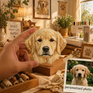 Puede incluir: Parche bordado con la cara de un golden retriever. El parche se sostiene frente a una superficie de madera, con una foto enmarcada de un golden retriever, una máquina de coser y un letrero que dice "Dogs Make Life Better."