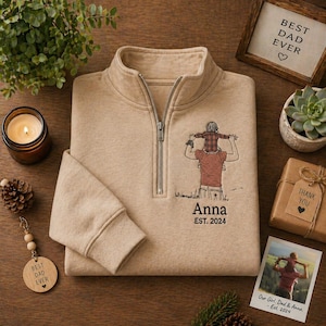 Embroidered Portrait Quarter Zip for Dad, Custom Line Art Photo Pullover, Papa Est 2024 Sweater, Personalized Gift for Husband