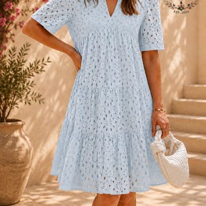 Boho Eyelet Lace Mini Dress, Tiered V-Neck Summer Sundress, Cottagecore Beach Outfit