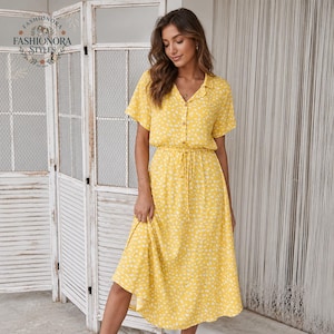 yellow midi dress with buttons Cafe Au Lait Pearled Dress Butter Yellow