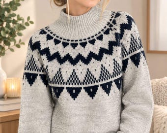 Jersey nórdico para mujer, azul marino, jersey de punto Fair Isle, cuello alto, jersey de invierno, cómodo, de manga larga.