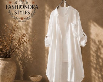Oversized Cotton Linen Shirt Dress, Long Sleeve Button Up Blouse