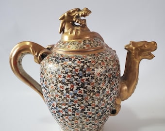 Japanese Satsuma Earthenware Dragon Tea Pot Golden Vintage Hand Painted Kawamoto
