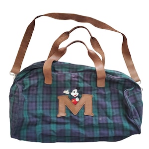 Vintage Disney Mickey Mouse Plaid Duffel Bag Green Navy Blue M Patch Travel Bag