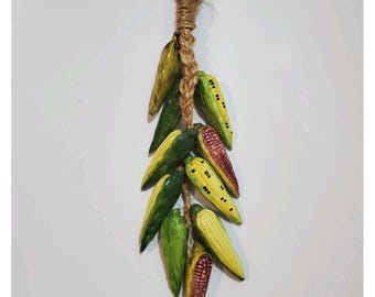 Vintage Ceramic Corn Cob Ristra Bunch on Jute Rope Wall Hanging Decor Kitchen