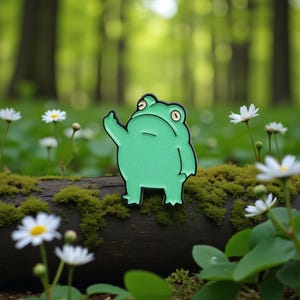 May include: A green enamel pin in the shape of a cartoon frog, giving the middle finger. The pin is set against a natural backdrop of a moss-covered log and white daisies.