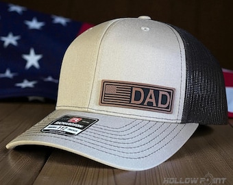 DAD American Flag Leather Patch Trucker Hat - Patriotic Gift for Him
