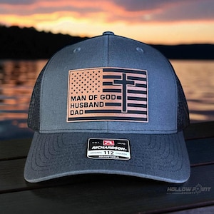 American Flag Man Of God Cross Christian SnapBack Trucker Hat Leather Patch