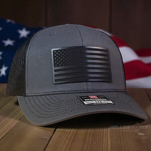 Blacked Out American Flag Patriotic Leather Patch Hat Charcoal / Black