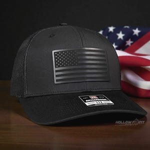 Blacked Out American Flag Patriotic Leather Patch Hat Black