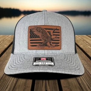 American Flag Eagle Leather Patch Hat Richardson 112 Snapback Trucker Cap