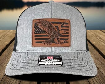 American Flag Eagle Leather Patch Hat Richardson 112 Snapback Trucker Cap