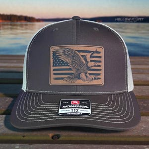 American Flag Eagle Rawhide Leather Patch Hat Brown Khaki, Gift for Him