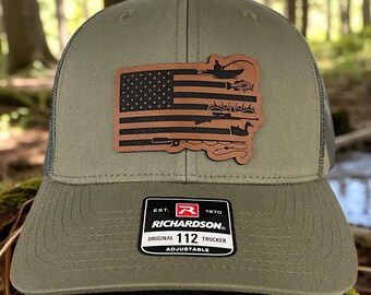 American Flag Fishing & Duck Hunting Leather Patch Hat - Richardson 112 Snapback