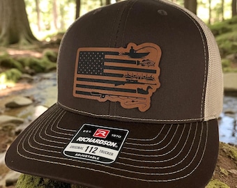 American Flag Fishing & Duck Hunting Leather Patch Hat - Richardson 112 Snapback