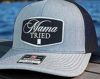 Mama Tried Funny Leather Patch Hat, Richardson 112 Heather Grey/Black