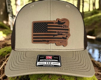 American Flag Fishing & Duck Hunting Leather Patch Hat - Richardson 112 Snapback