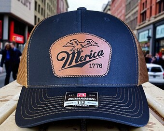 Merica 1776 Leather Patch Hat - Patriotic USA Eagle Richardson 112 Snapback Trucker Cap