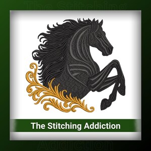 May include: An embroidery design featuring a black horse in a rearing pose with a flowing mane, accented by gold-colored decorative scrollwork at the base. Below the horse, a green horizontal bar displays the white text The Stitching Addiction.