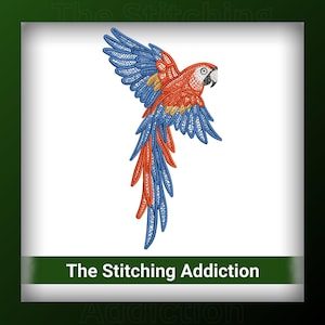 May include: An intricate machine embroidery design of a macaw parrot in flight, featuring vibrant red, blue, and yellow thread work with detailed wing patterns. Below the bird, a dark green horizontal bar displays the text The Stitching Addiction.