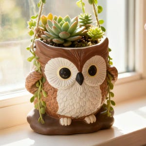 Puede incluir: Una maceta marrón con forma de búho con un pecho blanco y ojos grandes y redondos. La maceta está llena de suculentas verdes y enredaderas colgantes. La maceta está suspendida por una cuerda.