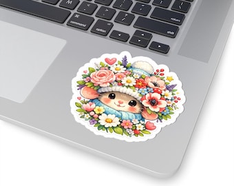 Ratón de invierno con gorro floral, pegatina botánica floral pastel, vinilo de jardín de flores, adorable arte de ratón kawaii, decoración estética acogedora