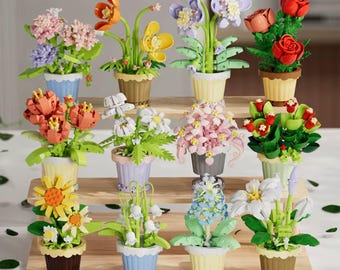 Maceta de bloques de construcción con forma de ramo, miniladrillo para decoración de escritorio para mujer