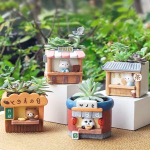 Puede incluir: Cuatro macetas decorativas para suculentas con diseños de tiendas. Cada maceta presenta un personaje animal diferente, incluyendo un oso, un gato y un panda, y está llena de suculentas verdes. Las macetas son de varios colores, incluyendo marrón, rojo y azul.