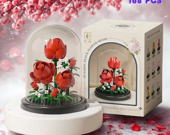 Decoración de rosas para construir, ramo botánico con bloques de construcción, adorno para el hogar