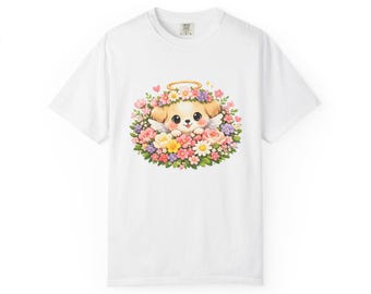 Ángel cachorro con halo floral, ramo de flores pastel en un jardín, camiseta con pétalos botánicos, estilo kawaii suave, estética de ensueño.