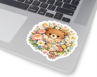 Pegatina de animal de invierno kawaii, adorable y acogedor, flores, floral, botánico, jardín, pétalos, ramo, floración, floral pastel, oso con bufanda floral