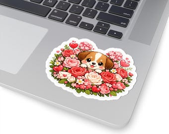 Pegatina de cachorro floral, calcomanía de perro con flores, arte floral botánico de cachorro, pegatina de ramo de flores pastel, vinilo de pétalos de jardín, kawaii