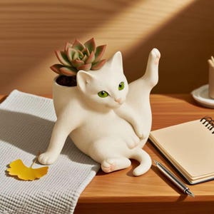May include: A white ceramic cat-shaped planter with green eyes, holding its leg up. The planter holds a succulent plant with green and red leaves. The cat is on a wooden surface with a notebook, pen, and a yellow leaf.