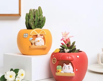 Bonita maceta de frutas, mini maceta de resina para suculentas, cactus, decoración de jardín de hadas, maceta de dibujos animados, regalo para el hogar y el escritorio.