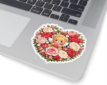 Pegatina floral de oso ángel con rosas, calcomanía de ramo de flores pastel, arte floral de jardín botánico, romántico y soñador ángel de peluche kawaii.