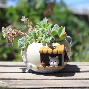 Peut inclure: Un pot de fleurs en céramique blanche avec un design fantaisiste, représentant un petit chat dans une maison miniature. Le pot est rempli de diverses succulentes vertes et d'autres plantes. Le pot est posé sur une surface en bois.