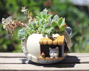 Maceta suculenta con forma de gatito, maceta kawaii con forma de gato, decoración de escritorio de resina, regalo para amantes de los gatos