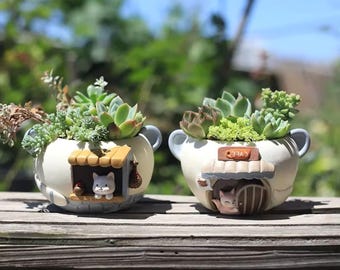 Cat Planter & Cute Pen Holder, Kawaii Succulent Pot, Resin Kitten Fox Plant Pot, Cat Lover Gift, Desk Decor, Indoor Flower Pot