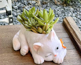 Adorable maceta con forma de gato para suculentas, ideal para decorar el hogar y la oficina, ideal para escritorio o suelo, regalo para amantes de los gatos.