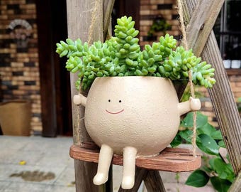 Maceta colgante sonriente: maceta giratoria de resina para suculentas, macetero de pared con cara para decoración de interiores y exteriores.