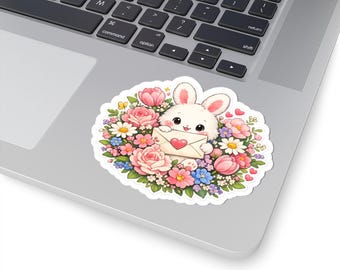 Carta de amor floral con adorable pegatina de conejito, calcomanía de vinilo floral pastel, arte de jardín kawaii, decoración de ramo de pétalos