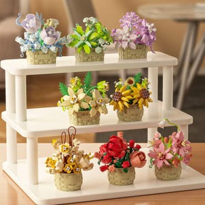 Può includere: Una mensola bianca a due livelli espone sei composizioni floreali in miniatura in cestini intrecciati. I fiori sono di vari colori, tra cui viola, giallo e rosso. La mensola è contro uno sfondo sfocato.