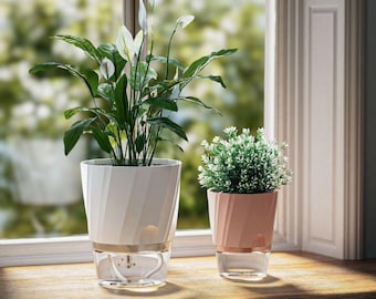 Maceta de plástico de doble capa con autorriego y depósito para plantas de escritorio.