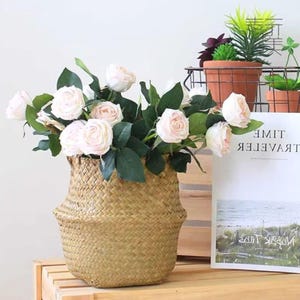 Może przedstawiać: Wiklinowy kosz wypełniony jasno różowymi różami i zielonymi liśćmi. Kosz stoi na drewnianej powierzchni. W tle małe rośliny doniczkowe na metalowej półce i książka z napisem "TIME TRAVELER".