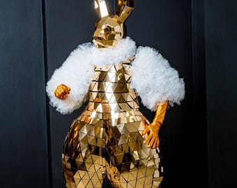 Disfraz de conejo de Pascua, disfraz de conejo espejo, disfraz de espejo, estilo espejo roto, traje de actuación, estilo vidrio roto, máscara de conejo espejo 3D
