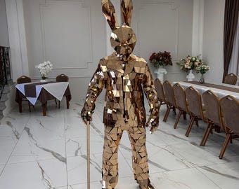 Disfraz de espejo, traje de actuación, estilo de cristal roto, chaqueta de espejo, máscara de espejo de liebre, disfraz de bola de discoteca, máscara de espejo de conejo 3D