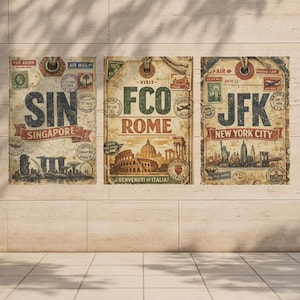 May include: Three vintage-style travel art prints featuring the airport codes SIN (Singapore), FCO (Rome), and JFK (New York City). Each print has a distressed look with stamps, text, and illustrations of landmarks. The prints are designed to resemble luggage tags.