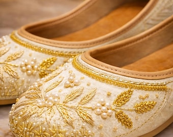 Ivory Gold Embroidered Jutti | Pearl Work Ethnic Flats, Wedding Shoes