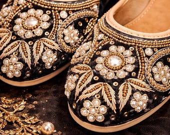 Black Pearl Embellished Jutti for Women – Handmade Indian Wedding Shoes & Ethnic Flats